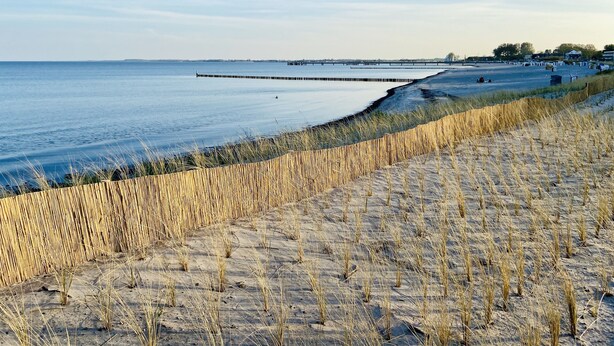 Een strand met een houten vlinderbalk, zandduinen en een rustige zee.