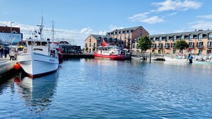 Een jachthaven met afgemeerde boten, een gebouw met een bord en een rij woongebouwen op de achtergrond.