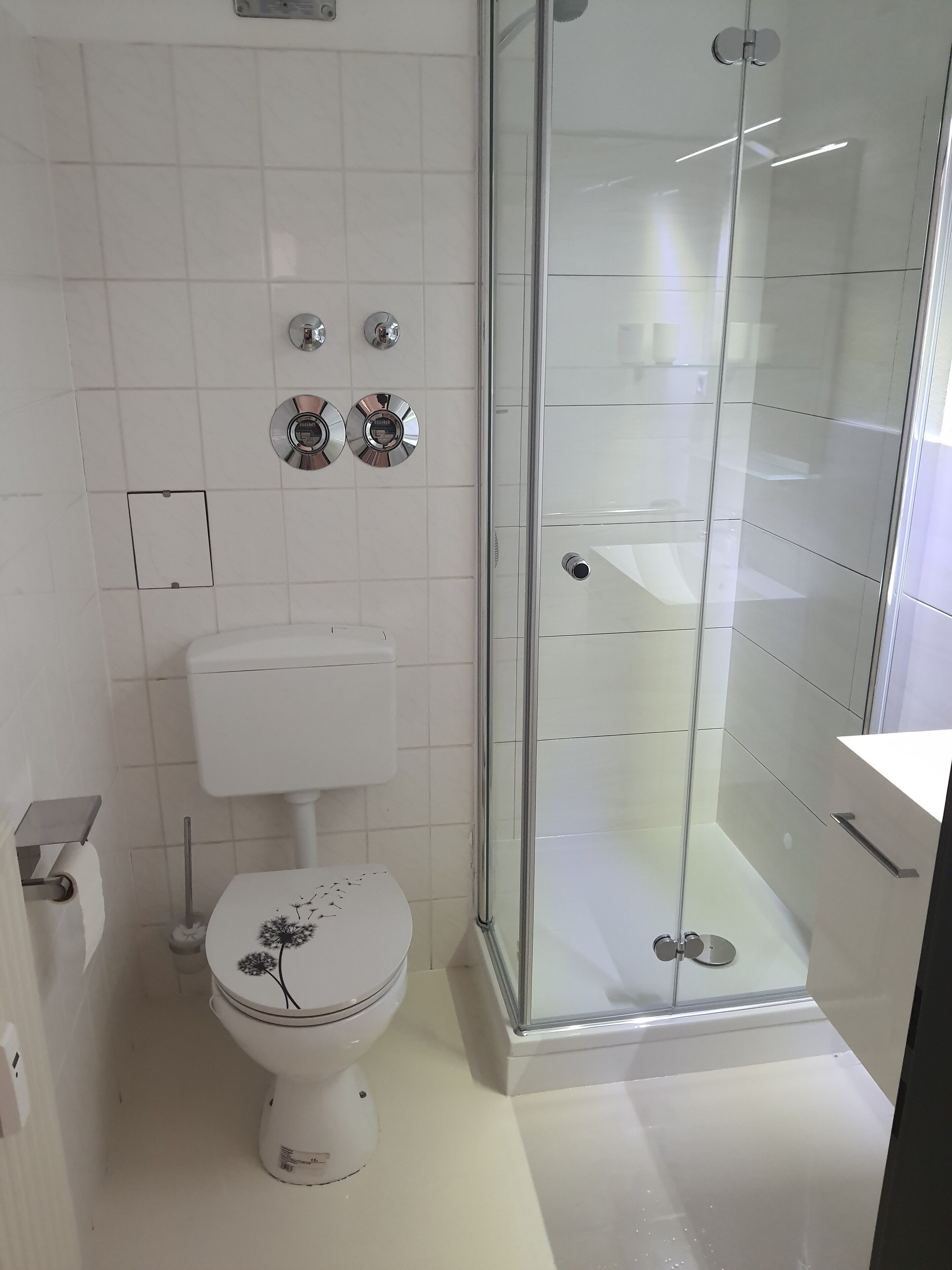 A modern bathroom with a toilet, a shower enclosure, and a sink.