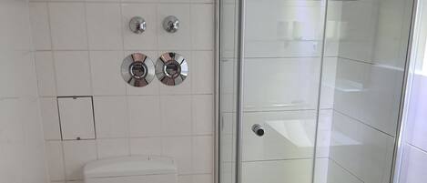 A modern bathroom with a toilet, a shower enclosure, and a sink.