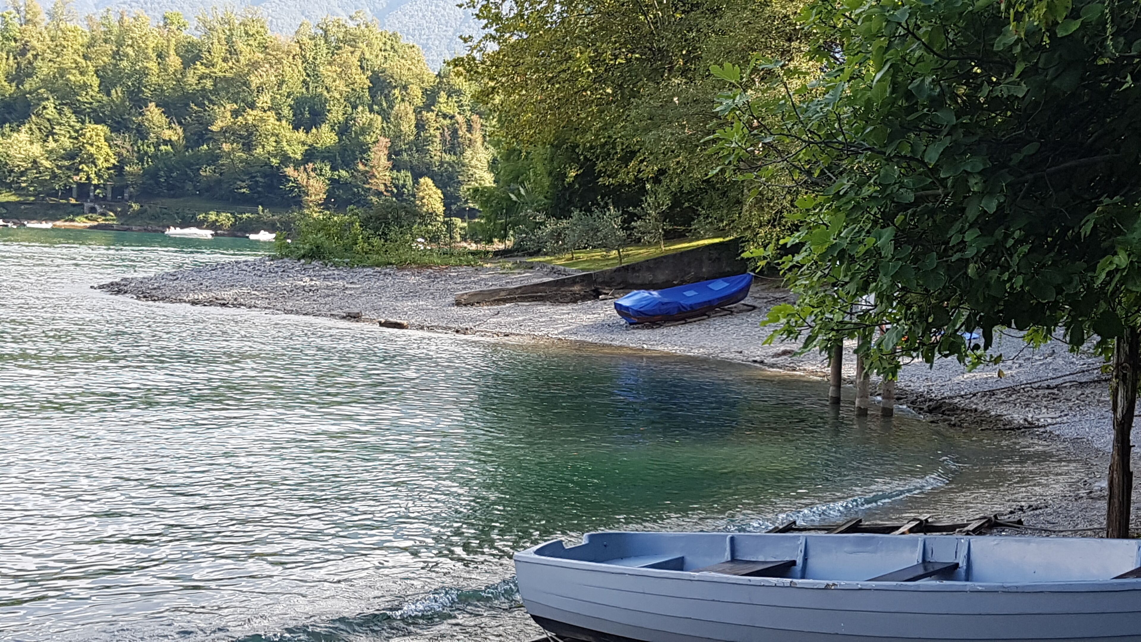 Un río con una barca amarrada en la orilla, rodeado de árboles y una ribera rocosa.