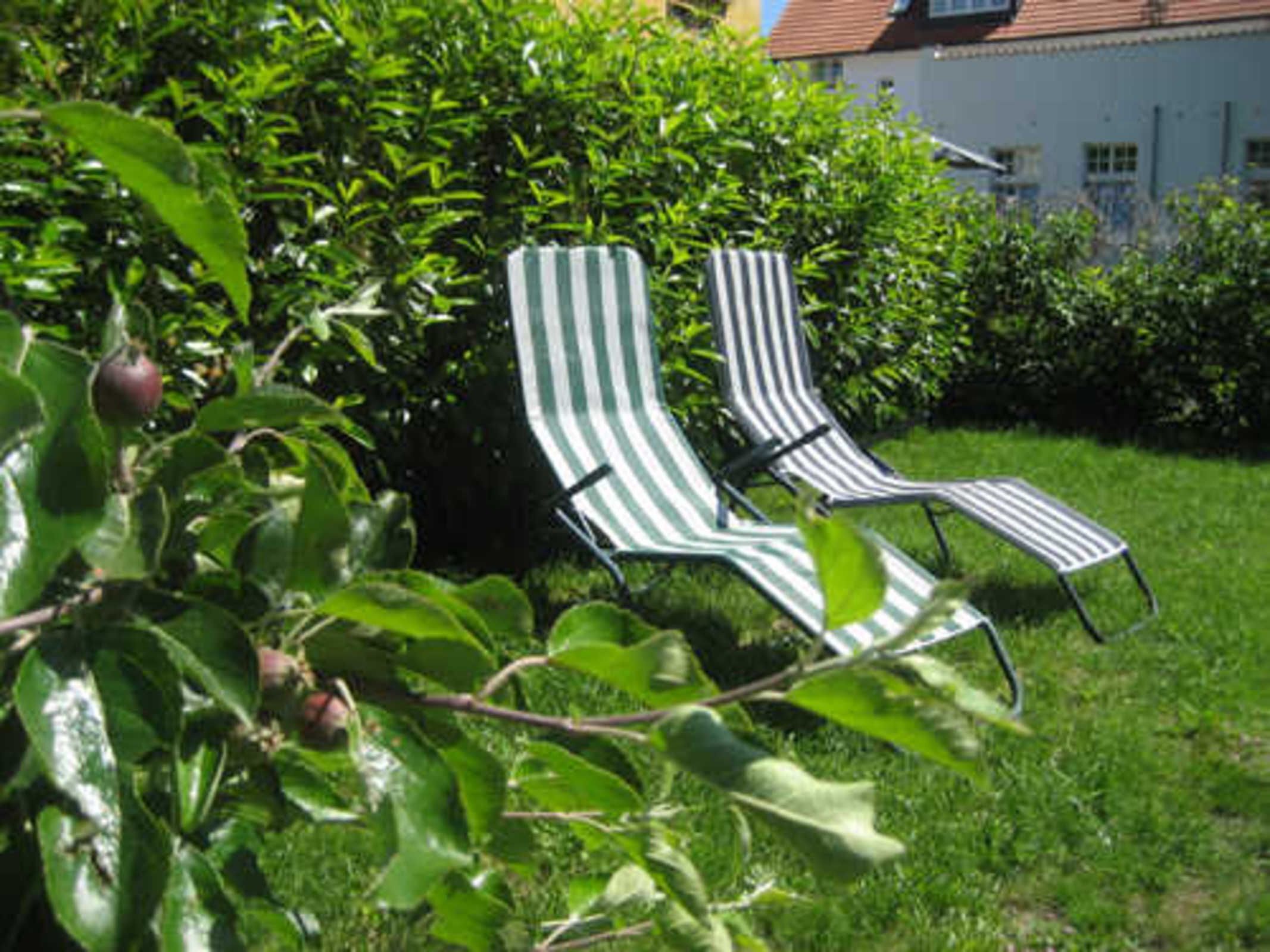 Zwei gestreifte Liegestühle in einem Garten, im Hintergrund ein weißes Gebäude.