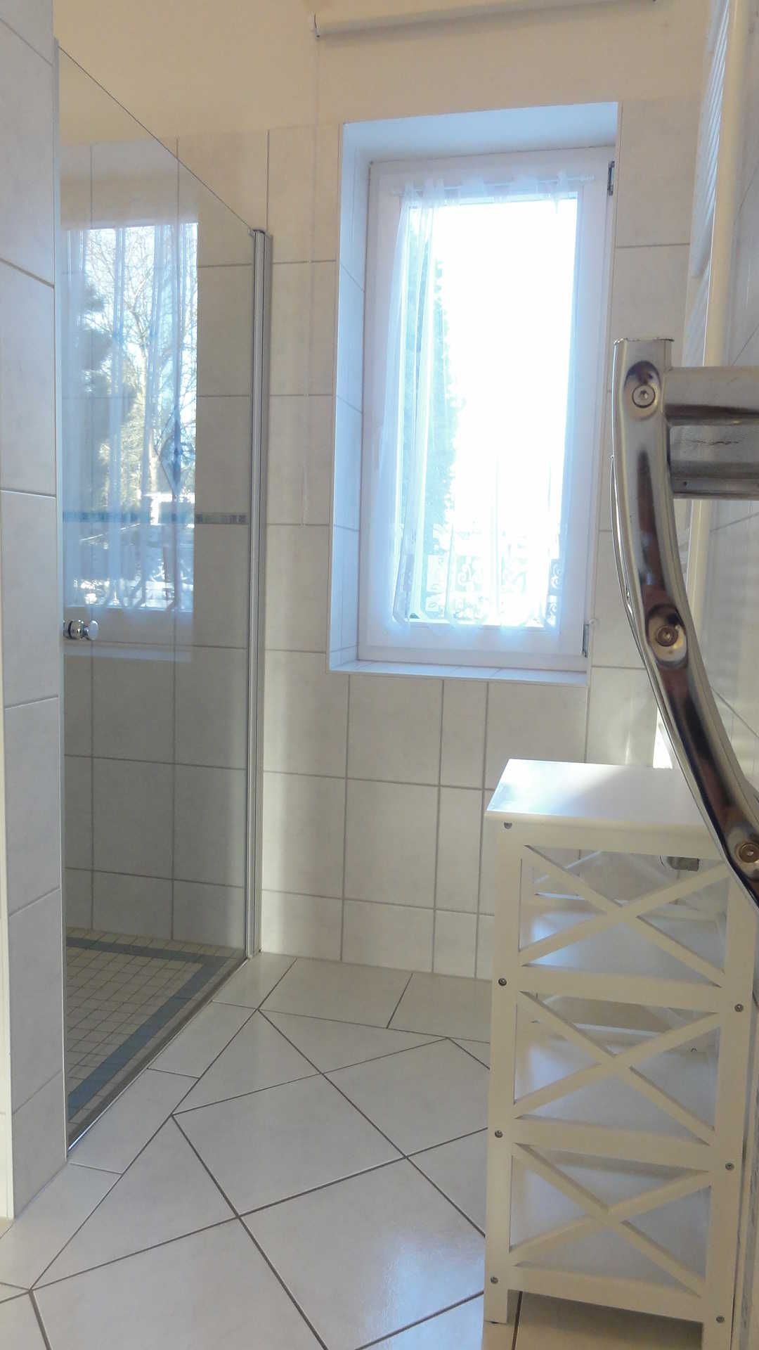 Ein Badezimmer mit Dusche, Fenster und einem weißen Schrank.