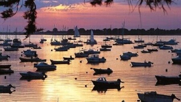 Un puerto deportivo con numerosos barcos amarrados al atardecer.