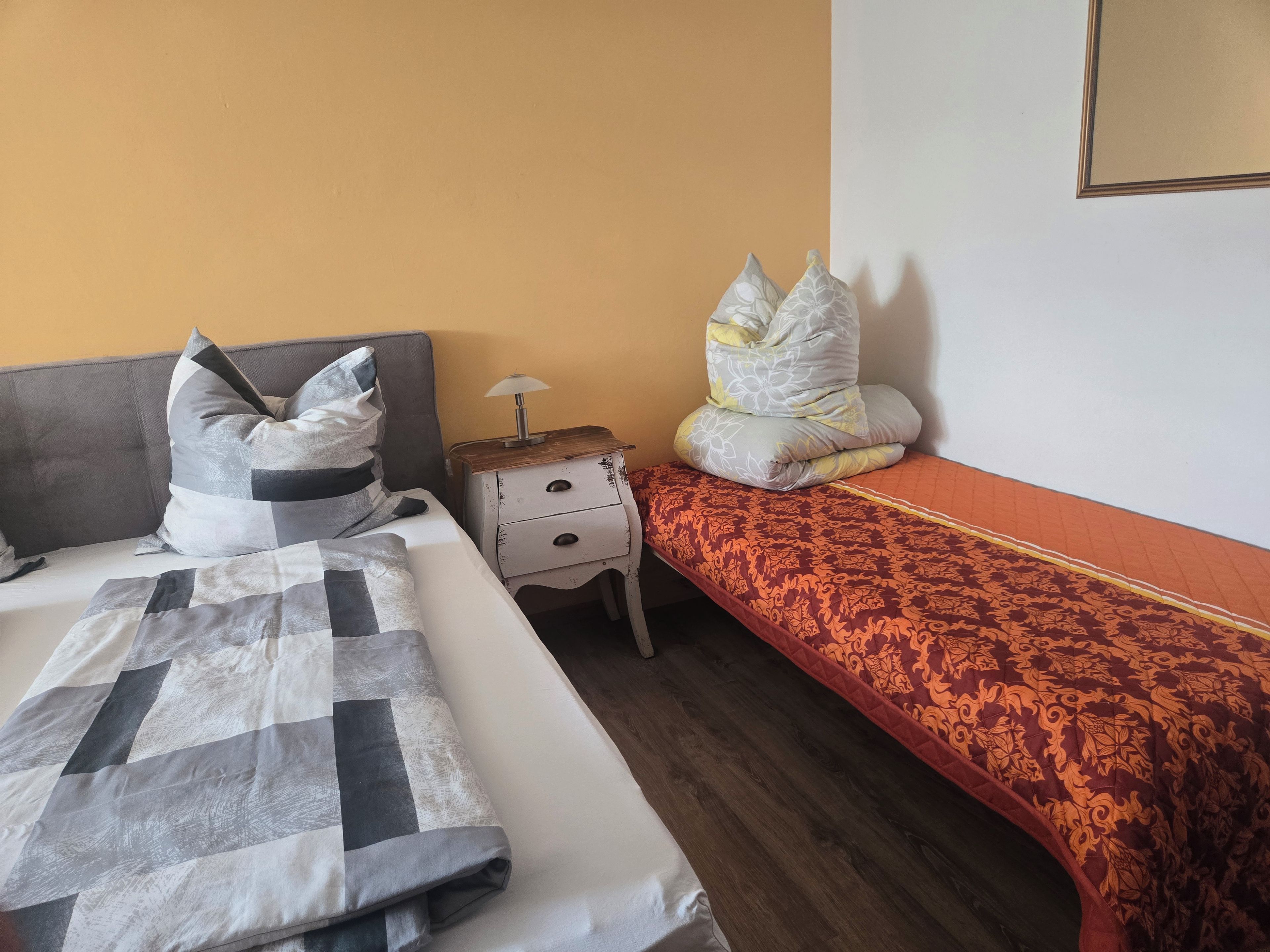 A bedroom with two beds, one with a patterned bedspread and the other with a plain one. There is a nightstand with a lamp and a drawer.