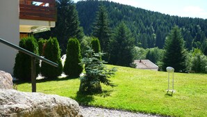 A residential area with a house, a well-maintained lawn, and a forested mountain in the background. - Charming apartment in chalet, close to ski slopes and town center    (Gérardmer)