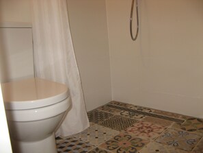Douche, sèche-cheveux, serviettes fournies, savon