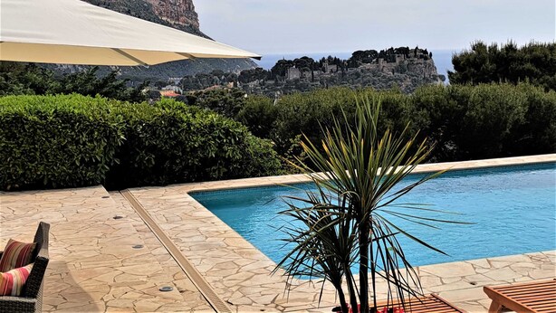 A pool with a view of a rocky coastline and a castle.