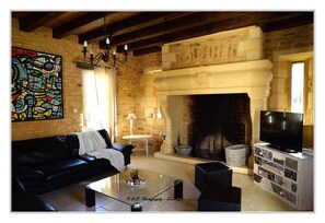 Una televisión, una chimenea, un reproductor de DVD