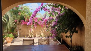 Patio esterno con tavolo e sedie in legno, circondato da un muro in pietra e piante fiorite.