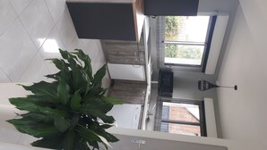 A modern kitchen with a large island, a potted plant, and a view of the outside through a window. - The charm of the countryside to the city (Barentin)