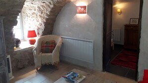 A cozy room with a stone ceiling, a comfortable chair, a radiator, and a red rug leading to a door.