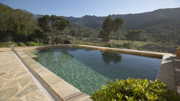 Ein klares Schwimmbecken mit Steinrand, umgeben von viel Grün und Bergen im Hintergrund.