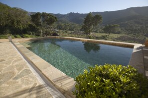 A clear pool with a stone border, surrounded by greenery and mountains in the background.