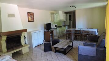 Télévision, cheminée, lecteur de DVD