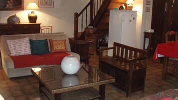 Televisie, een open haard, een dvd-speler en boeken