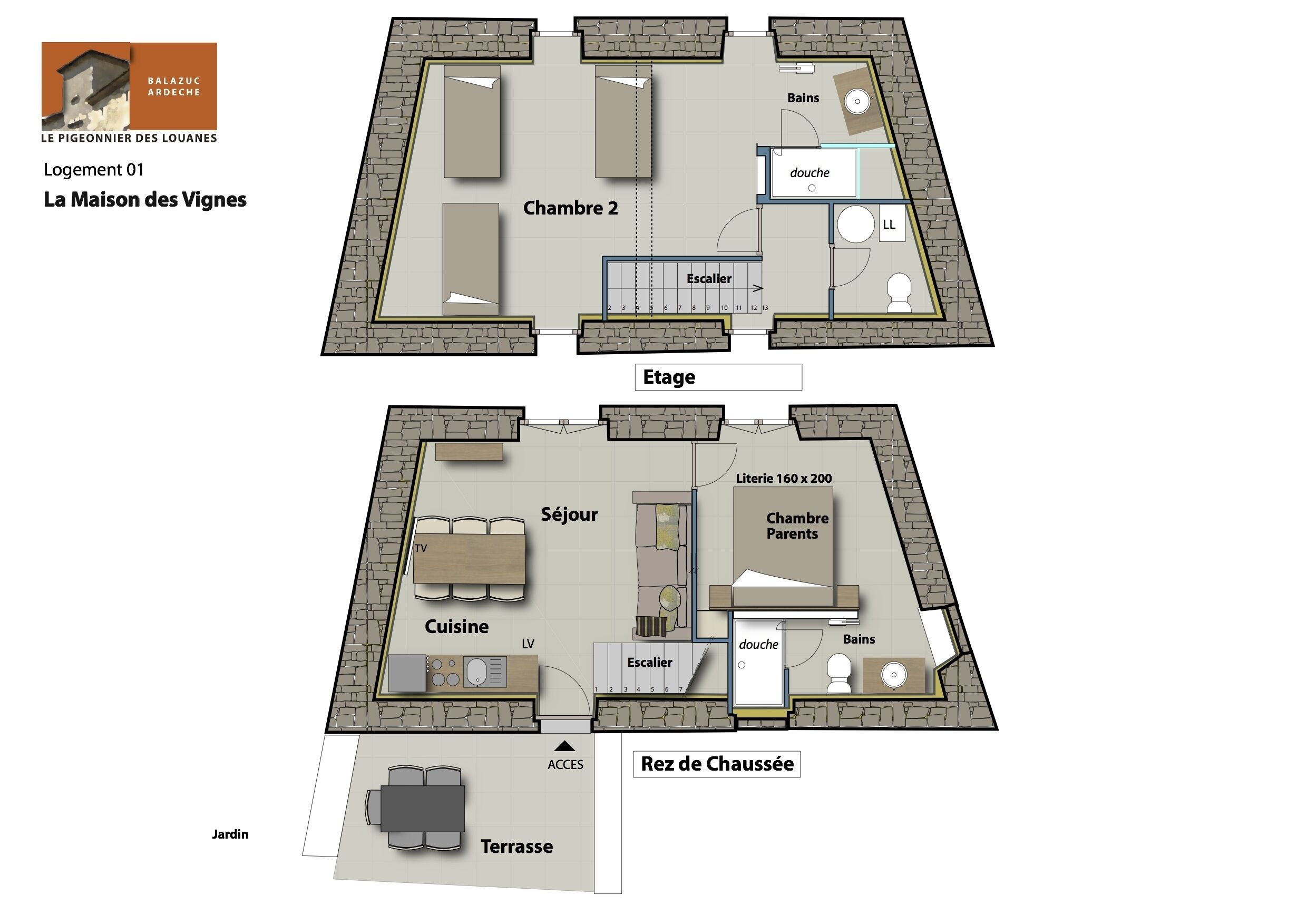 Plan d’étage d’un hôtel appelé « La Maison des Vignes », qui comprend deux étages principaux, ainsi qu’une terrasse et un sauna.