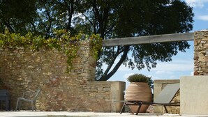 Zona de piscina con muros de piedra, una pérgola de madera y una planta en maceta.