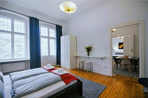 2 bedrooms, desk, iron/ironing board, travel crib