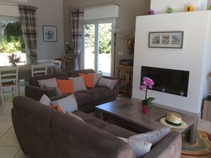 TV, fireplace, DVD player, books