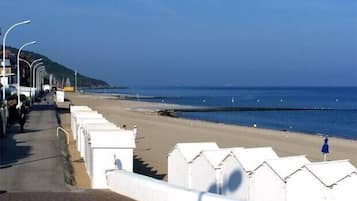 On the beach, sun loungers