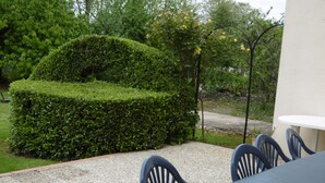 Un espace patio aménagé avec une table et des chaises, entouré d’un arbuste taillé avec soin et d’arbres.