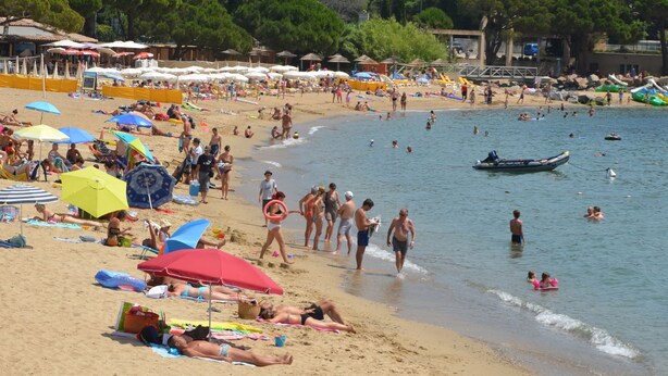 Een strand met mensen die zonnebaden, zwemmen en langs de kust wandelen.