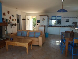 TV, caminetto, libri, biblioteca musicale