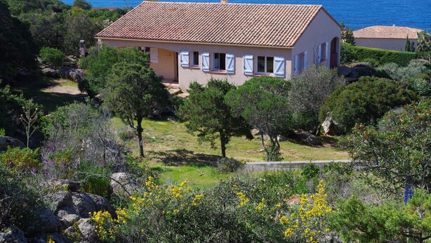 A house with a tiled roof, surrounded by greenery and overlooking the sea. - villa marina , climatised,wi-fi, private garden and parking. (Sartène)