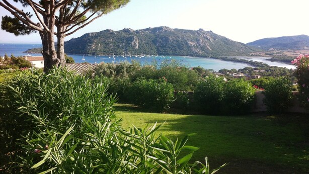 A coastal landscape with a large tree in the foreground, a grassy area, and a view of the sea with boats. - 100 metres from Santa Guilia beach, comfortable, garden furniture, barbecue (Porto-Vecchio)