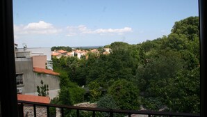 Une vue depuis un balcon donnant sur un quartier résidentiel, avec des maisons et une végétation luxuriante.