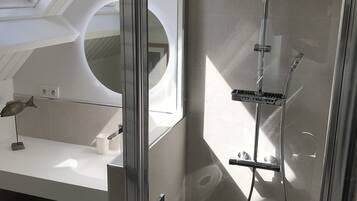 Shower, hair dryer, toilet paper