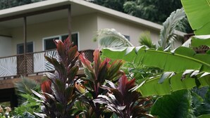 A tropical setting with lush greenery and a building with a balcony.