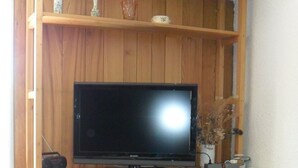 A wooden entertainment unit with a flat-screen TV, a radio, and a small table with a vase. - Holiday Apartment (Orcières)