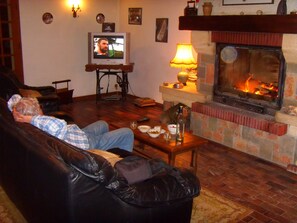 Een televisie, een open haard, een dvd-speler en boeken