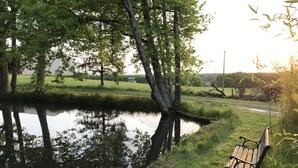 A serene riverside scene with a bench by the water, surrounded by lush greenery and trees. - Beautiful house in the woods on paths Colette (Saint-Sauveur-En-Puisaye)
