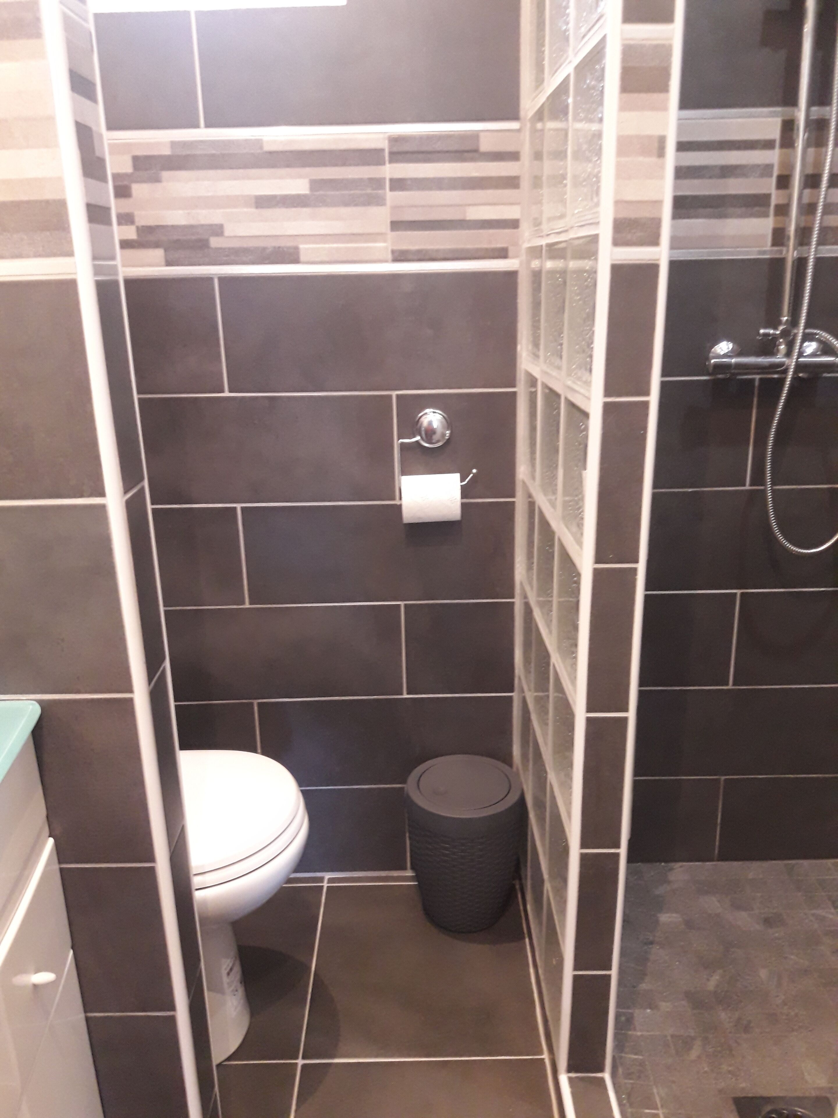 Un bagno piccolo con il water, un cestino e una zona doccia.