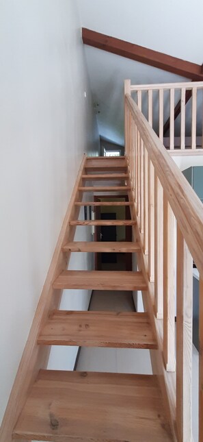 Una scala in legno con corrimano che conduce a un livello superiore.
