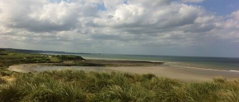 On the beach, sun-loungers