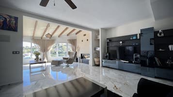 Smart TV, fireplace, DVD player, stereo