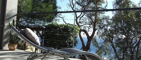 A metal lounge chair on a balcony with a view of trees and a body of water.