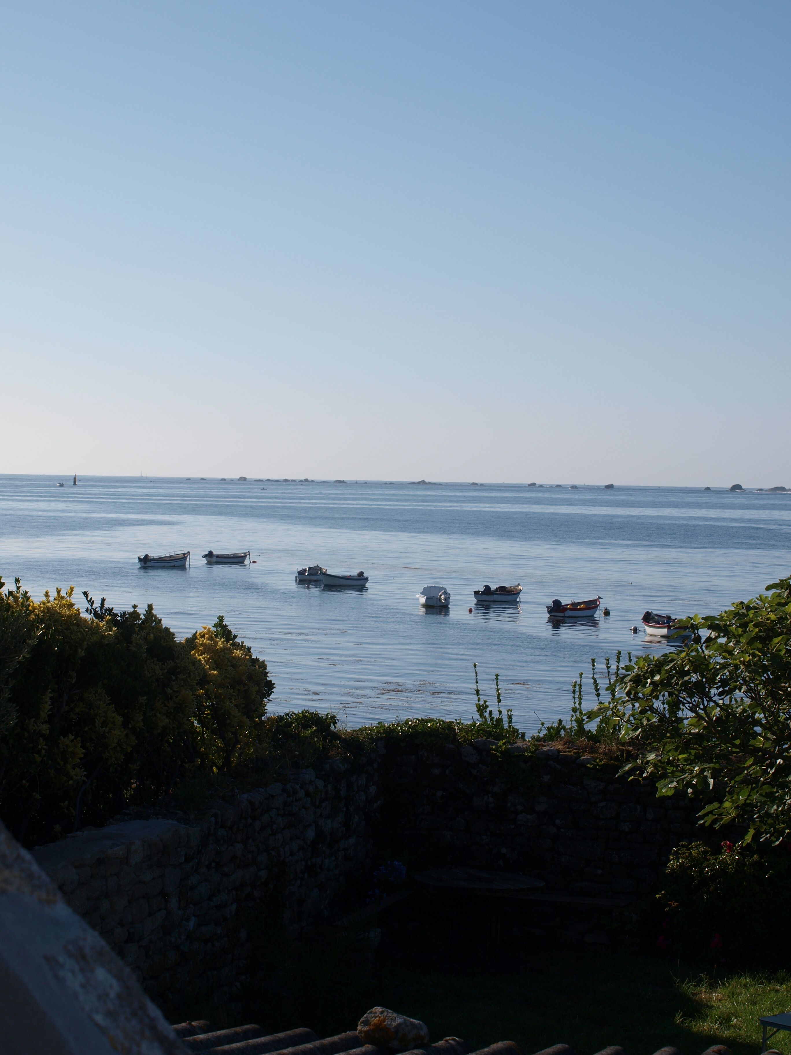A calm sea with several boats anchored.