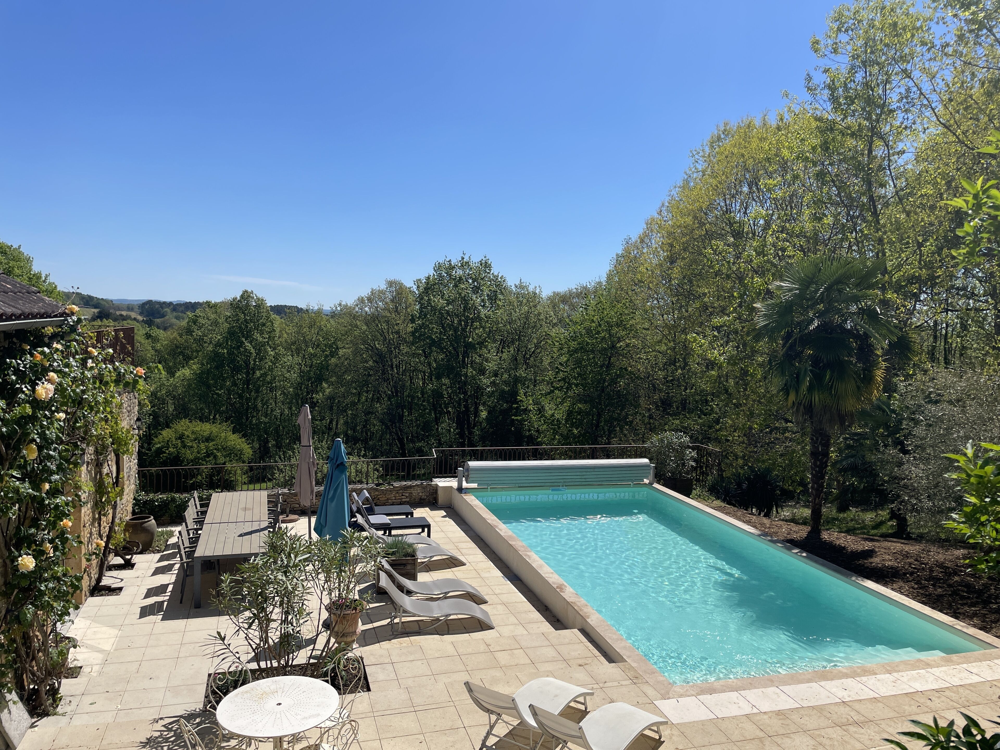 A rectangular pool with lounge chairs and a table, surrounded by trees and a stone wall.