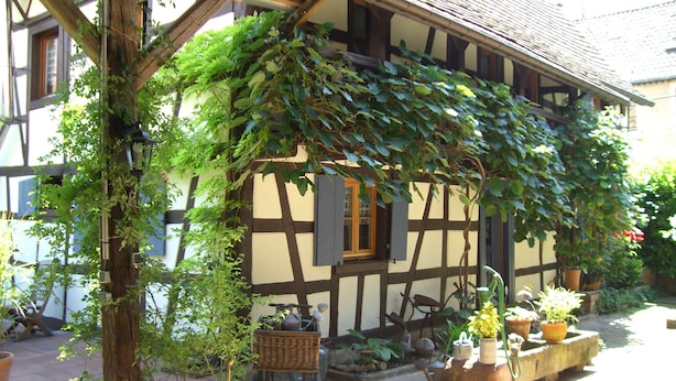 Une maison traditionnelle à colombages, dotée d’un jardin agrémenté de plantes en pot et d’une petite table.