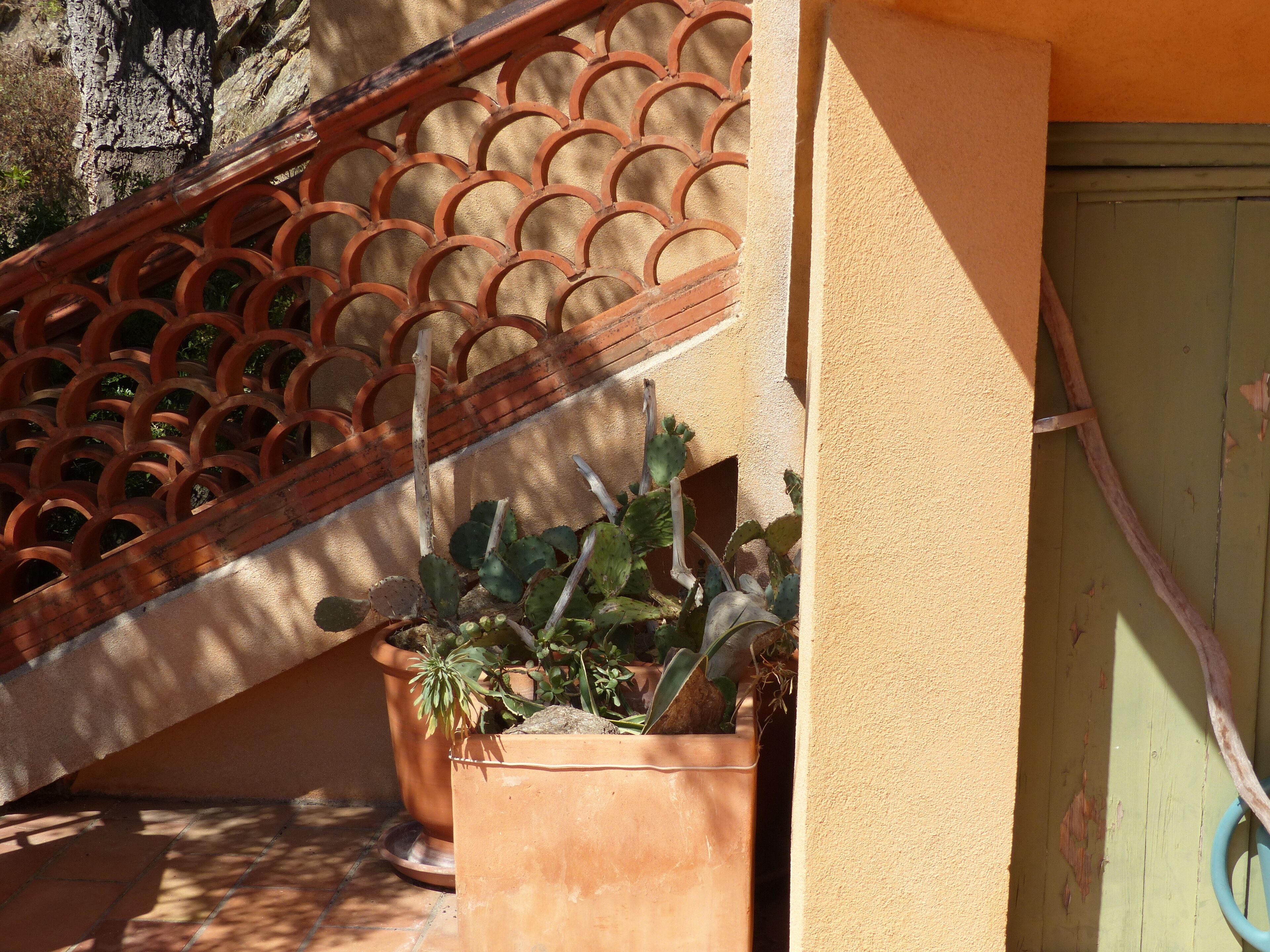 Une terrasse agrémentée de pots en terre cuite contenant des plantes, d’une échelle en bois et d’un portail en métal.