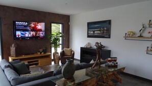 A modern living room with a large flat-screen TV, a leather sofa, a glass coffee table, and a wooden entertainment unit. - NEAR PEZENAS, lovely villa, private heated pool, quiet location, shops. (Tourbes)