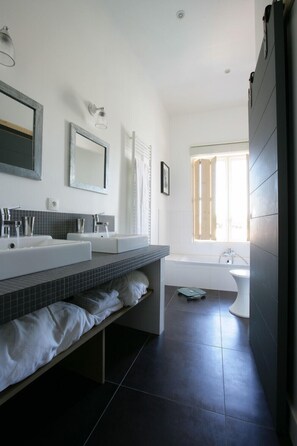 Combined shower/tub, hair dryer