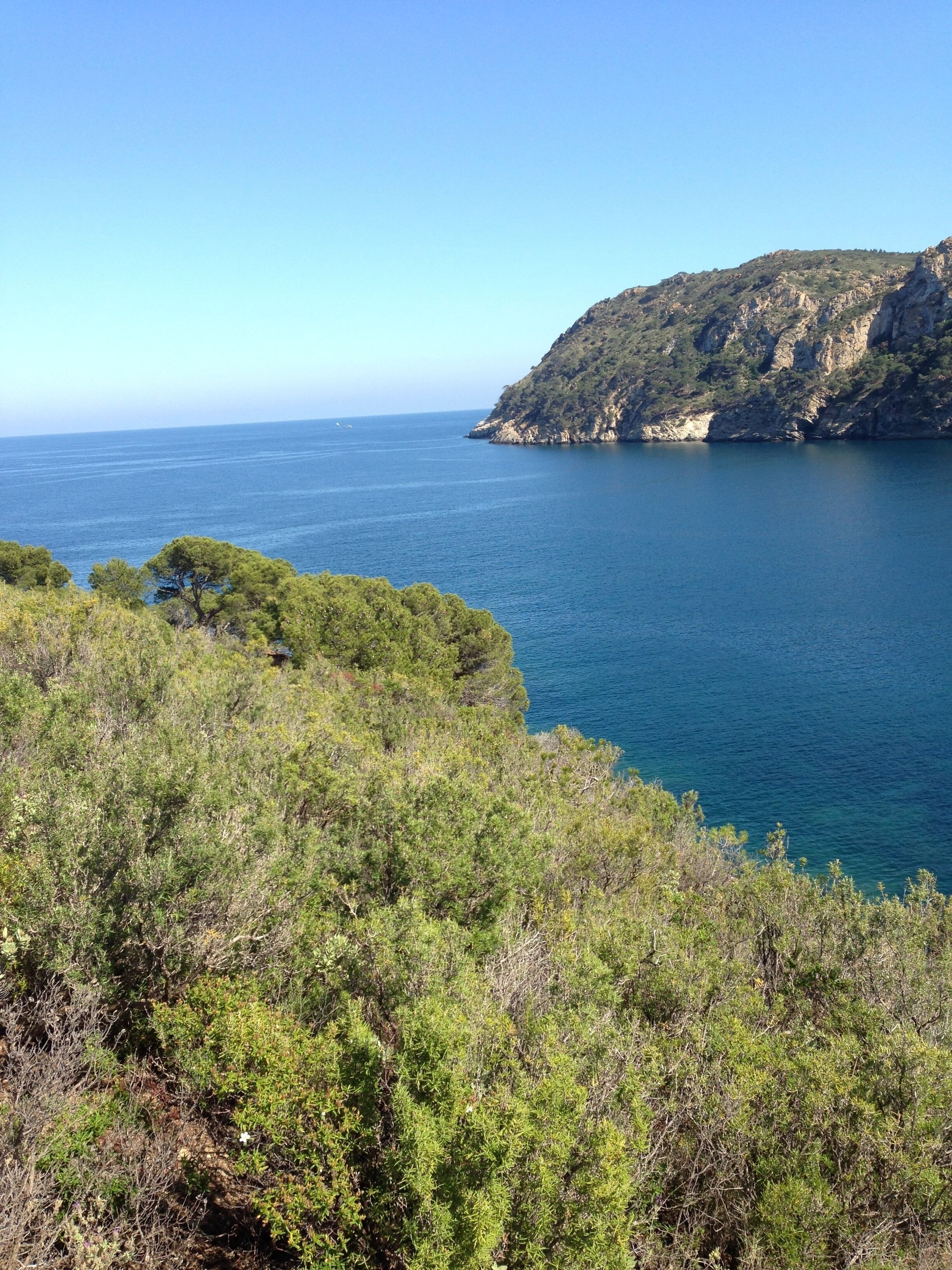 A coastal landscape with a view of the sea and a hill with sparse vegetation.