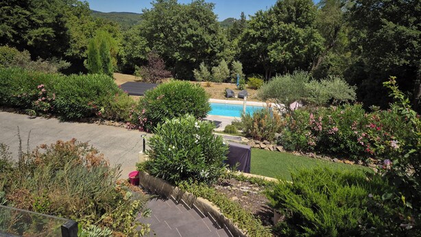 Un patio trasero con piscina, rodeado de diversas plantas y árboles.