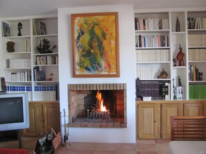 Uma sala de estar com lareira, estantes de livros e televisão.